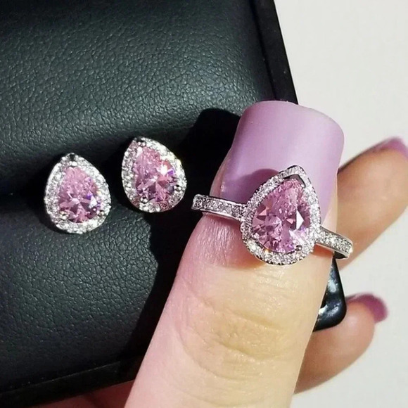 Pink Sapphire Diamond Pear Cut Ring & Earring Set - Picture 2 of 5
